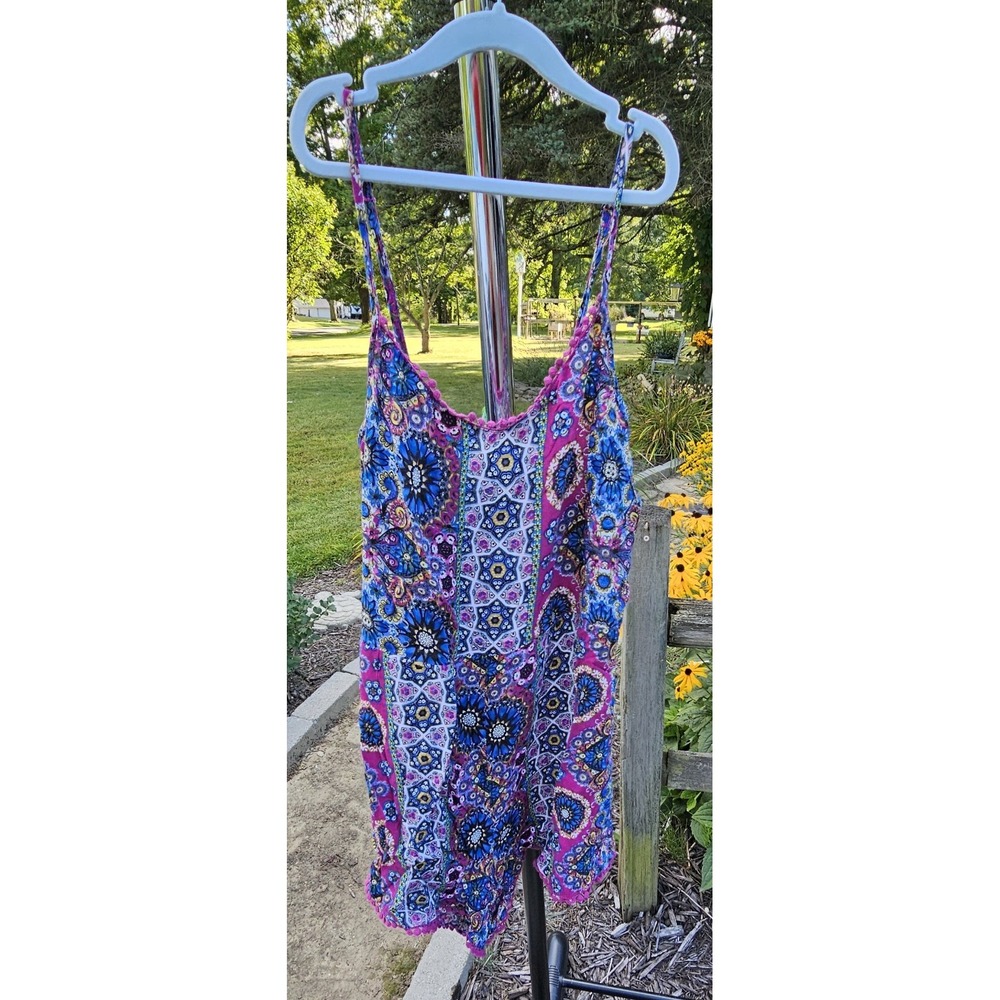 LA Hearts Romper Boho Summer Festival Wear Purple Print Pom Pom Trim Size Medium